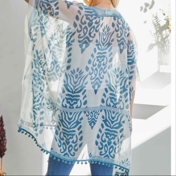 BOHO TEAL BLUE PRINT KIMONO/ COVER UP WITH POM POM DETAILING - Picture 3 of 10